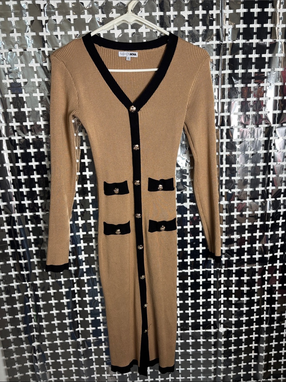 Fashion Nova Camel Ribbed Button-Down Cardigan with Black Trim